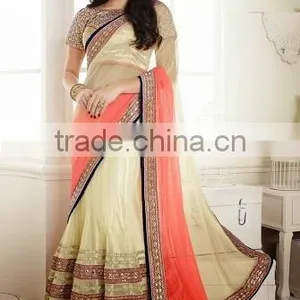 CREAM GEORGETTE ON NET LAHANGA STYLE SAREE thumbnail-1