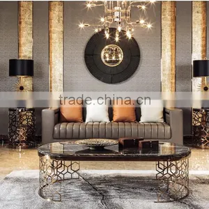 Artistic Grey Color Genuine Leather Living Room Sofa, Golden Color Stainless Steel Coffee Table With Marble Top(MOQ=1 SET) thumbnail-1