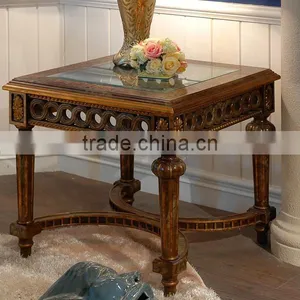 Exquisite Carved Wooden Side Table, Antique Gold Painting Coffee Table With Glass Top, Classical Style Living Room Square Table thumbnail-1