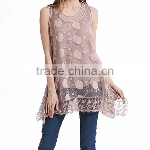 Pink Sheer Floral Lace Layered Sleeveless Tunic Shirts Office Wear for Women thumbnail-3