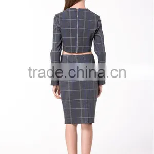 2017 New Arrival Grey Plaid Crop and High Waist Skirt Co-ord Set thumbnail-2