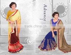 Season Special Designer Embroidery Saree With Blouse Orange Color thumbnail-1