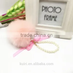 Women Fashion Cute Faux Fur Ball Faux Pearl Keychain Handbag Key Ring Car Key Chain Fmq-16 thumbnail-2