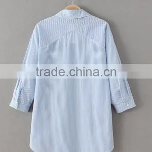 Runwaylover EY2326B 2017 Latest Blouse Design Women's Blue Striped Cold Shoulder Tie Sleeve Shirt thumbnail-3