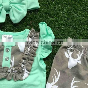 Girls Summer Outfits Baby Girls Boutique Clothing Girls Reindeer Outfits Bib Top Grey Ruffle Shorts With Matching Headband thumbnail-3