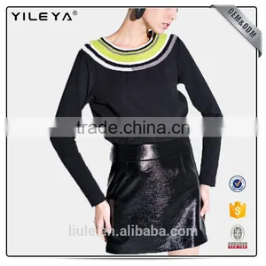 Women Fashion Black Casual T-shirts With Colorful Neckline Design thumbnail-2