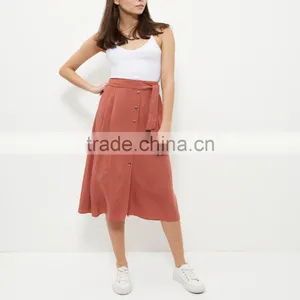 Button Front Tie Waist Ladies Office Skirt Suit Flare Long Skirt thumbnail-1