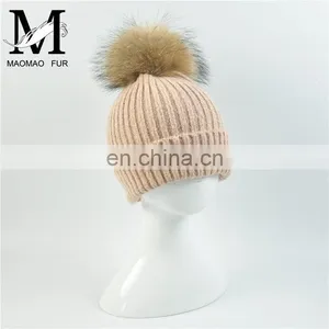 Kids Funny Hat With Big Genuine Raccoon Fur Ball Winter Knit Hat Baby Crochet thumbnail-1