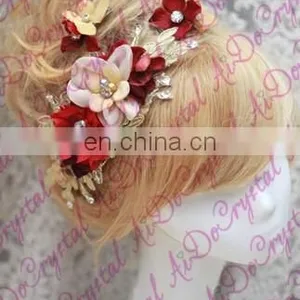 Aidocrystal Red With Gold Color Wedding Accessory Set Of 3 Hair Clips Bridal Accessory Handmade Hair Lace Flower Clip for Girls thumbnail-4
