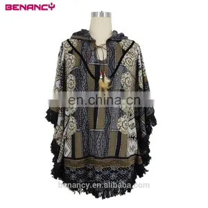 Wholesale Designer Clothing Tribal Mandala Print Poncho Hoodie With Tassel Fringe thumbnail-1