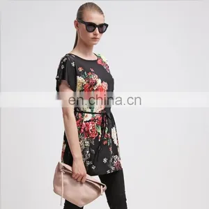 Fashion 2017 Trend Ladies Ice Silk Batwing Sleeve Floral Printed Tunic Top thumbnail-1