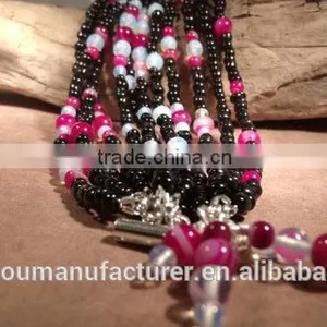 Black Glass Beads Moonstone and Pink Stripped Agate Bracelet thumbnail-4