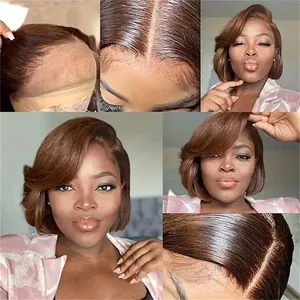 4# Brown Preplucked Brazilian Human Hair Short Bob Straight Pixie Cut Wig Transparent Lace Frontal Wigs For Women thumbnail-3