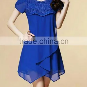 [FFD0039] Ladies Laced Crew Neckline Puff Sleeve Short Drape Front Dress thumbnail-1