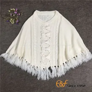 Ladies Crew Neck Tassels White Sweater Cape With Bowknot thumbnail-1