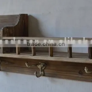 Antique Wood Wall Towel Rack Cabinet With Metal Hangers thumbnail-2