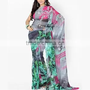 2016 Indian Traditional Saree Print Series Chiffon Long Irregular Women Dress thumbnail-5