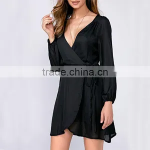 Solid Ladies Lace-up Puff Sleeve Plunging Neckline Mini Chiffon Dress thumbnail-2