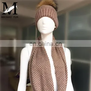 Thick Soft Shawl Fashion Winter Raccoon Fur Pom Hats Long Collar Scarf Hat Glove Sets thumbnail-5