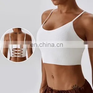 Ribbed High Support Sports Strapped Bras Wholesale Cross Back Adjustable Sling Yoga Tank Top thumbnail-1