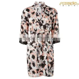 Long Satin Dressing Gown - Peach/Black thumbnail-1
