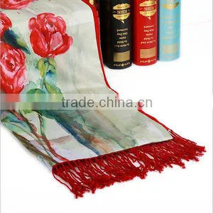 Wholesales Printed 50*185cm Luxury Red Rose Double Side 100% Silk Scarf for Women thumbnail-3