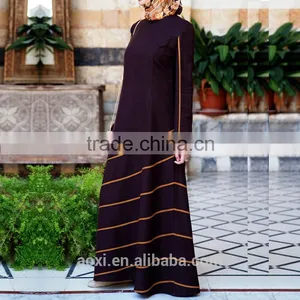 Fashion Vintage Plain Fabric Long Sleeve Bias Trim Muslim Women Long Dress thumbnail-4