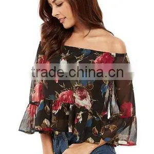 Women's Casual Floral Off Shoulder Chiffon Blouse Top thumbnail-1