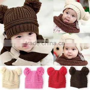 New Korean New Fashion Baby Girls Boys Kids Children Dual Ball Knit Sweater Cap thumbnail-1