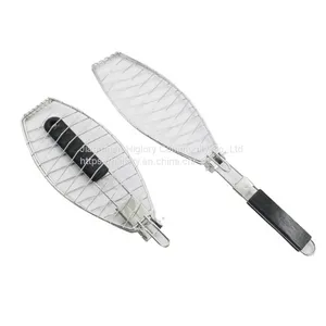 BBQ Fish Grill Basket Chrome Plated BBQ Barbecue Grill Accessories Mesh Wire Fish Basket With Wood Handle thumbnail-3