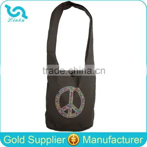 New Stylish Marked Crystal Peace Sign Hobo Hippie Sling Bag Crossbody Canvas Hippie Bag thumbnail-1