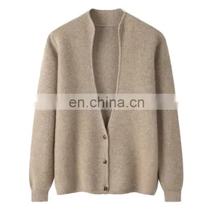 Women's Latest Design Deep V Neck Single Breasted Thick Jacquard Knitted Cashmere Sweater Casual Style for Winter thumbnail-4