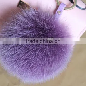 New Arrival Hot Selling 100% Real Fox Fur Pom Pom Leather Key Rings thumbnail-2