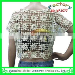 Fashional Lady Machine Made Short Sleeves Embroidery Cotton Water Soluble Lace Blouse thumbnail-3