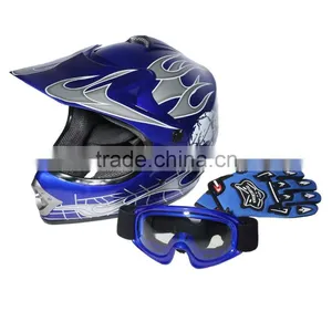 Youth Blue Skull Dirt Bike ATV Motocross Helmet Goggles+Gloves+Interphone S M L thumbnail-1