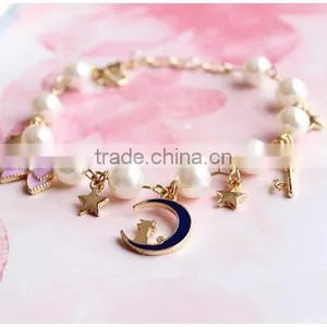 Gold Cat Moon Star Enamel Bowknot Heart Shape Key Charms Bracelet Pearl Bead Linked Bracelet thumbnail-4