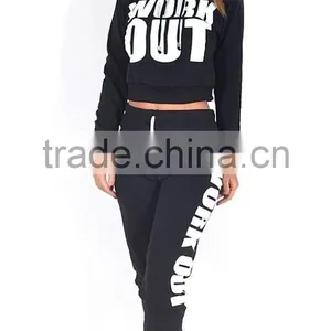 NEW LADIES WORK OUT SLOGAN TRACKSUIT CROP HOODIE JOGGERS SET GYM SUIT thumbnail-2