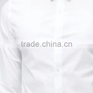 Guangzhou High Quality Custom Long Sleeve Spread Collar Chest Pocket Mens Cotton Elastane Casual Skinny Fit White Solid Shirts thumbnail-3
