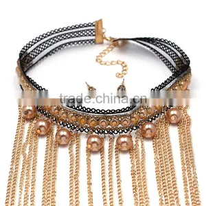 Fashion New Design Black Lace With Champagne Color Pearls Pendant Chain Tassel Choker Necklaces thumbnail-4