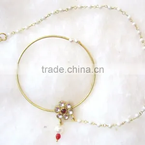 BIG HOOP NATH Press NOSE RING GOLD PLATED POLKI PEARL thumbnail-1