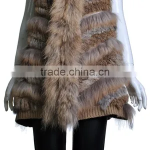 YR646 Stylish Real Rabbit Knit and Raccoon Fur Waistcoat Euro Long Fur Gilet thumbnail-4