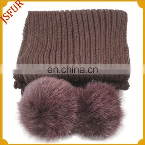 Colourful Knitted Adult Pom Pom Wholesale Fox Fur Scarves thumbnail-6