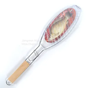 BBQ Fish Grill Basket Chrome Plated BBQ Barbecue Grill Accessories Mesh Wire Fish Basket With Wood Handle thumbnail-1