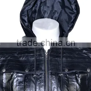 Black Hooded Leather Jacket for Men thumbnail-2