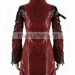Mens Red Black Faux Leather Goth Steampunk Military Coat thumbnail-3
