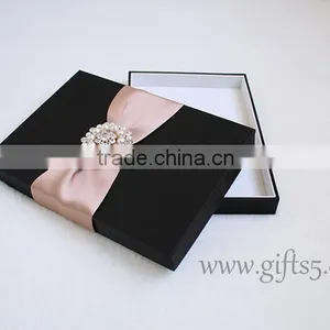 Black Color Silk Wedding Invitation Box With Crown Brooch Embellishment thumbnail-1