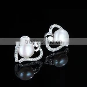 925 Sterling Silver Heart Shaped and White Pearl Bar Setting Ear Studs thumbnail-2