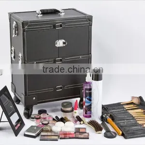 Black Leather Like Professional Aluminum Rolling Cosmetic Case Makeup Trolley thumbnail-1