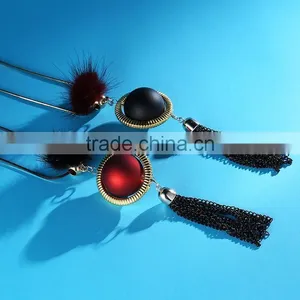 Red Bead Gold Hoop Pendant Long Chain Necklace Black Chain Tassel Necklace Pompon Necklace thumbnail-2