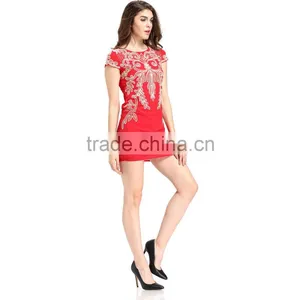2017 Embroidered Red Cloth Woman Model Midi Dress thumbnail-4